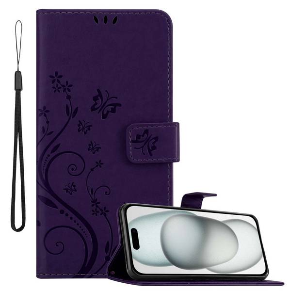 Cadorabo Hülle für Apple iPhone 15 PLUS Schutz Hülle in Lila Schutzhülle Handy Hülle Etui Case Blumen Flower