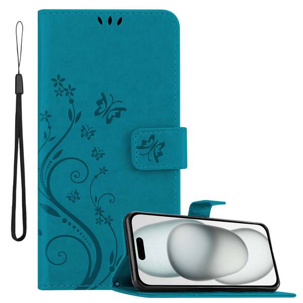 Cadorabo Hülle für Apple iPhone 15 Schutz Hülle in Blau Schutzhülle Handy Hülle Etui Case Blumen Flower