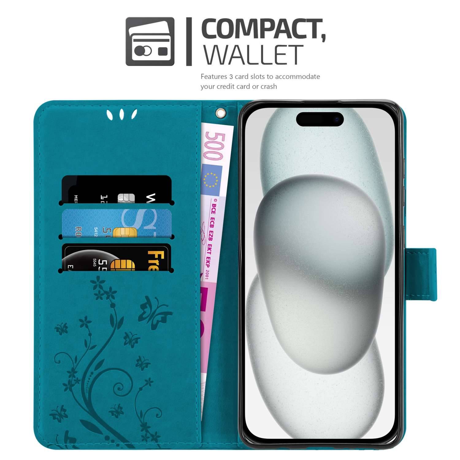 Cadorabo Hülle für Apple iPhone 15 Schutz Hülle in Blau Schutzhülle Handy Hülle Etui Case Blumen Flower-2