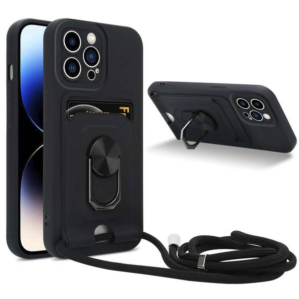 Cadorabo Handy Kette mit Standfunktion kompatibel mit Apple iPhone 15 PRO in Schwarz - Silikon Schutzhülle mit