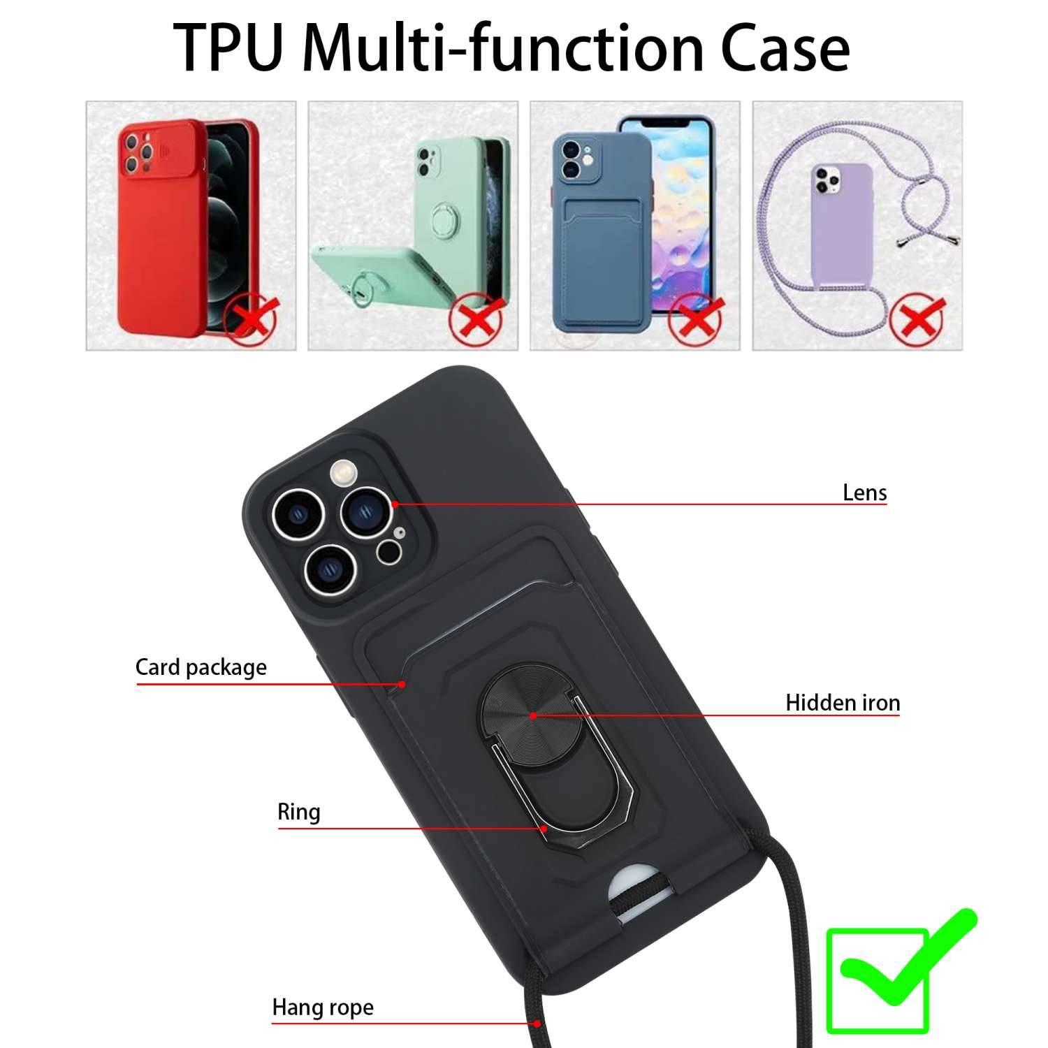 Cadorabo Handy Kette mit Standfunktion kompatibel mit Apple iPhone 15 PRO in Schwarz - Silikon Schutzhülle mit-1