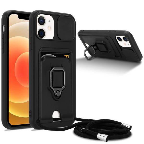 Cadorabo Handy Kette mit Standfunktion kompatibel mit Apple iPhone 12 in Schwarz - Silikon Schutzhülle mit verstellbaren