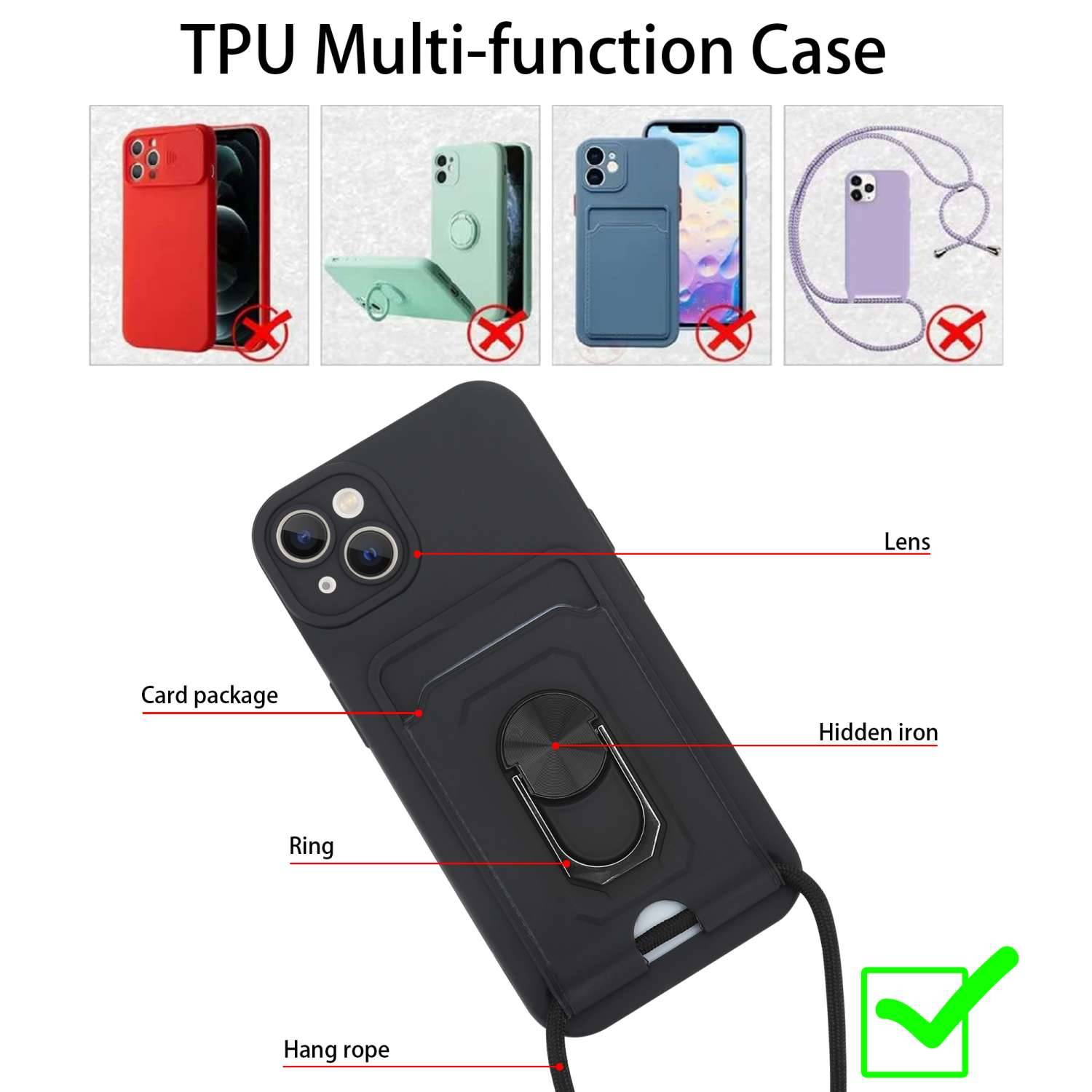 Cadorabo Handy Kette mit Standfunktion kompatibel mit Apple iPhone 14 in Schwarz - Silikon Schutzhülle mit verstellbaren-1