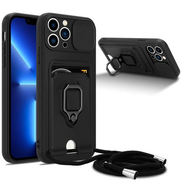 Cadorabo Handy Kette mit Standfunktion kompatibel mit Apple iPhone 13 PRO in Schwarz - Silikon Schutzhülle mit