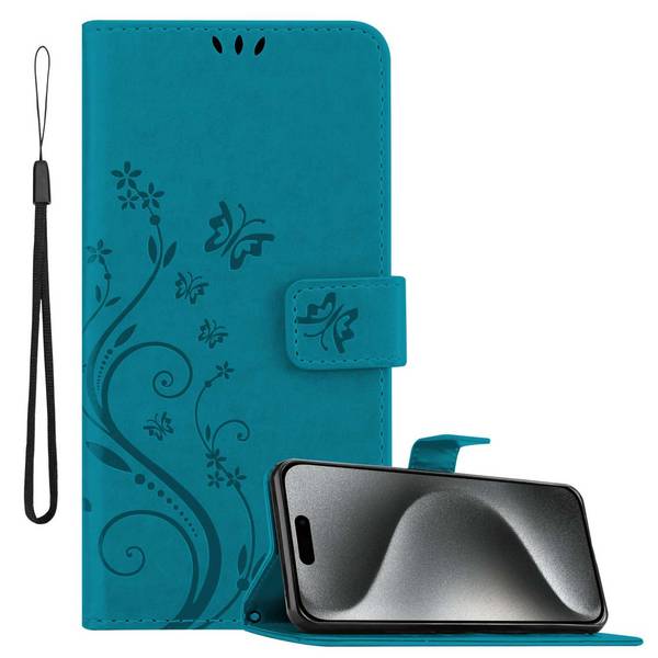Cadorabo Hülle für Apple iPhone 15 PRO Schutz Hülle in Blau Schutzhülle Handy Hülle Etui Case Blumen Flower