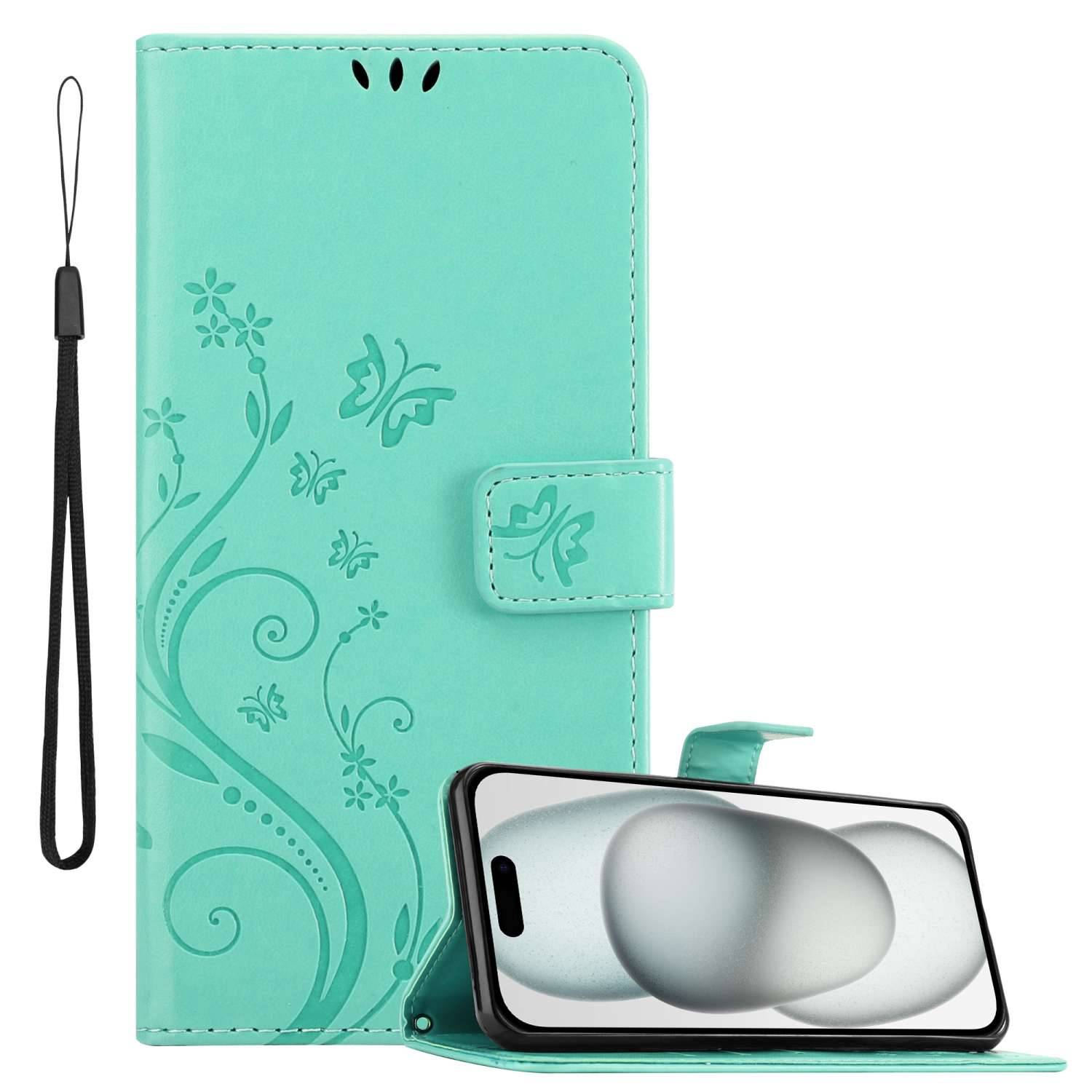 Cadorabo Hülle für Apple iPhone 15 PLUS Schutz Hülle in Türkis Schutzhülle Handy Hülle Etui Case Blumen Flower-0