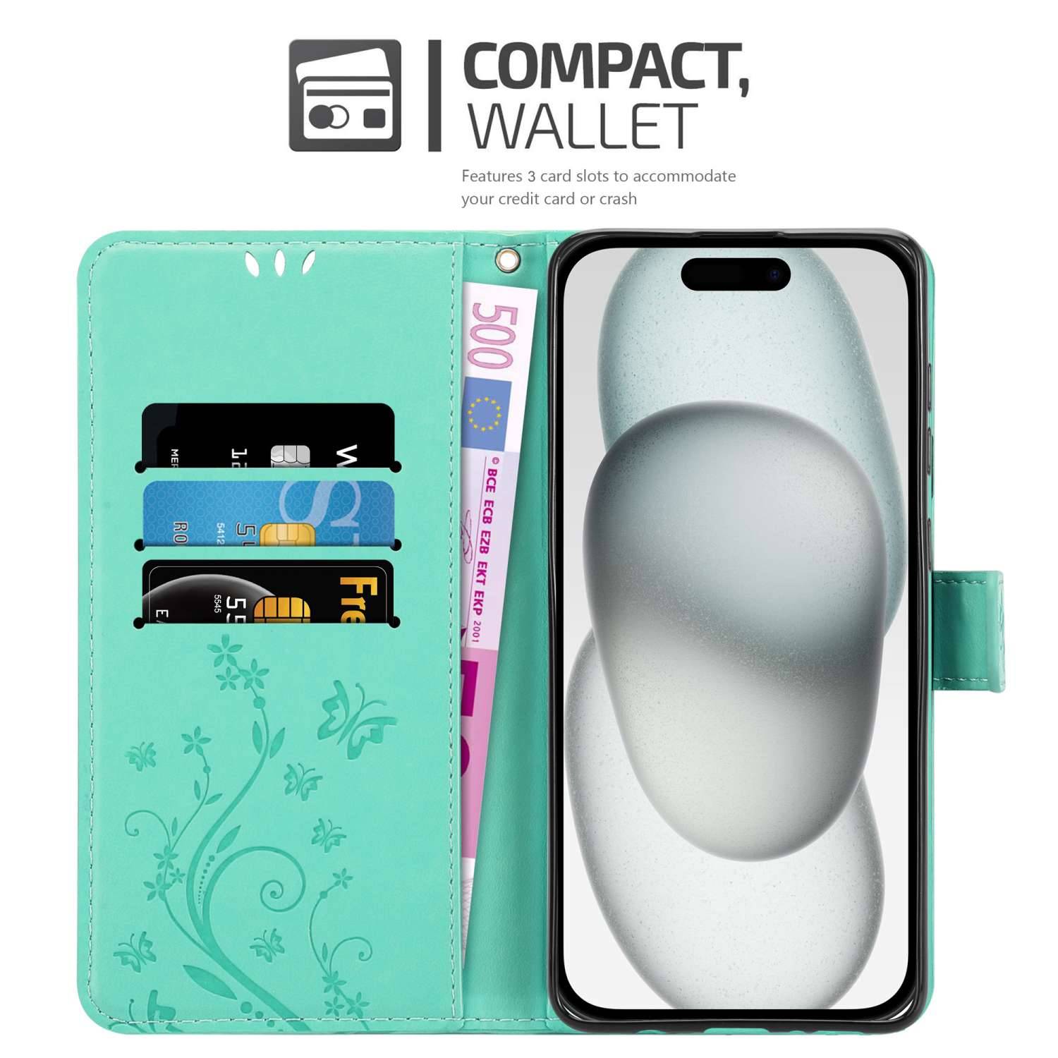 Cadorabo Hülle für Apple iPhone 15 PLUS Schutz Hülle in Türkis Schutzhülle Handy Hülle Etui Case Blumen Flower-1
