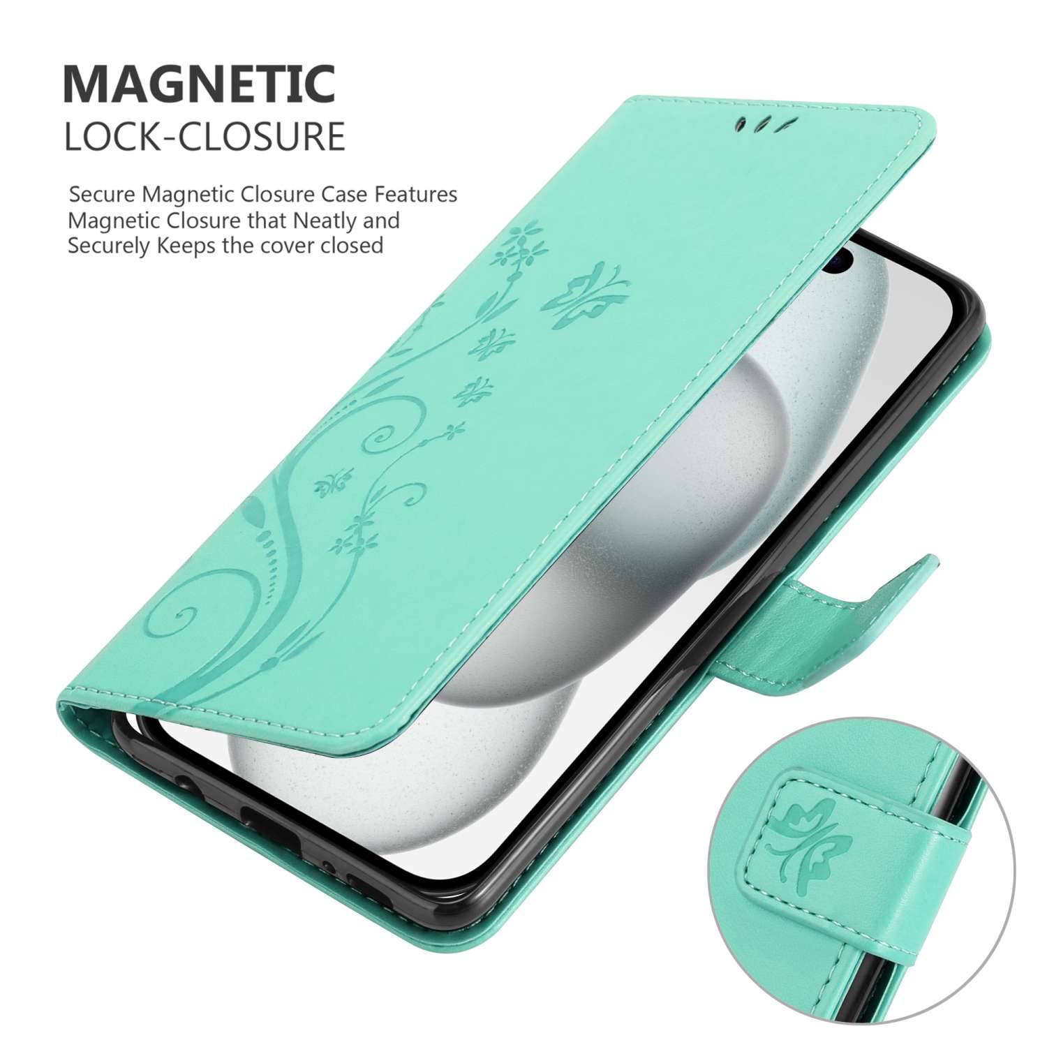 Cadorabo Hülle für Apple iPhone 15 PLUS Schutz Hülle in Türkis Schutzhülle Handy Hülle Etui Case Blumen Flower-3