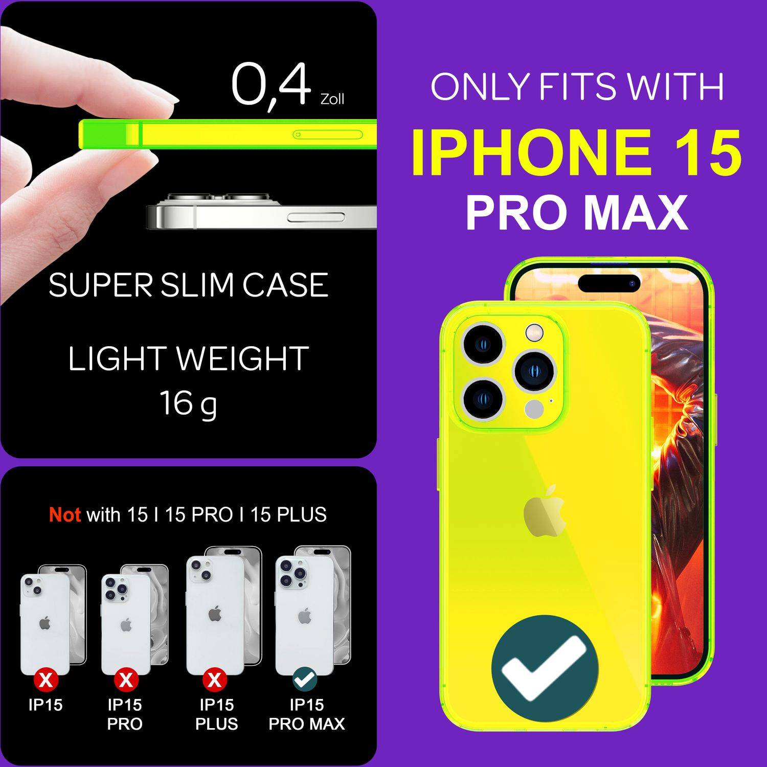 Hülle Neon Klar für iPhone 15 Pro Max Bunt Leuchtend Silikon Handyhülle TPU Case Gelb-3