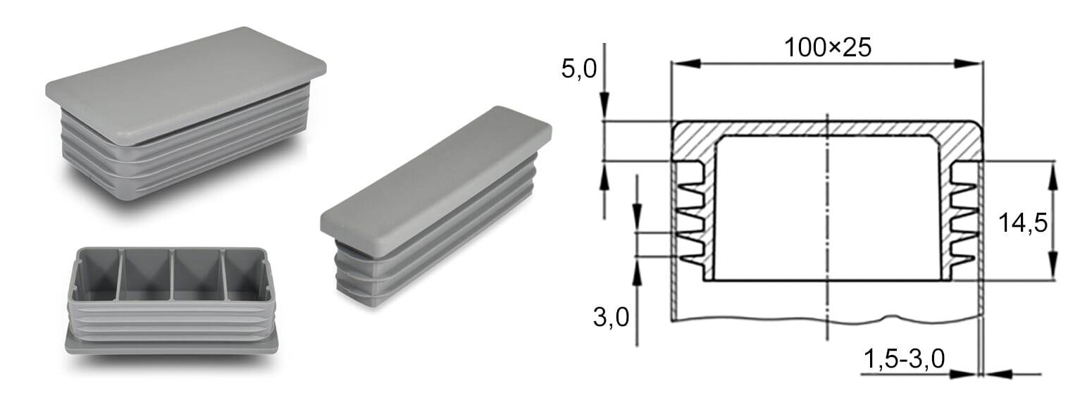 Gleiter rechteckig 100/25 x 1,5-3 - PE, grau ~ RAL 7042 - emico-2