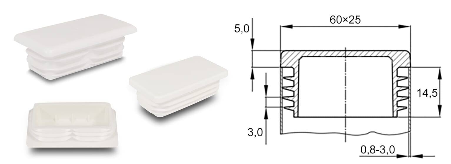 Gleiter rechteckig 60/25 x 0,8-3 - PE, weiß ~ RAL 9003 - emico-2