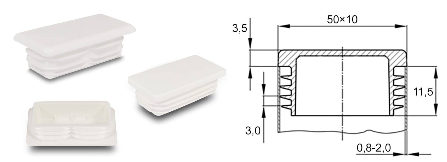 Gleiter rechteckig 50/10 x 0,8-2 - PE, weiß ~ RAL 9003 - emico-2