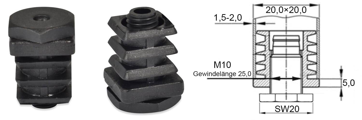 Einstellstopfen quadr. 20x20x1,5-2 6k - PA, schwarz - emico-2