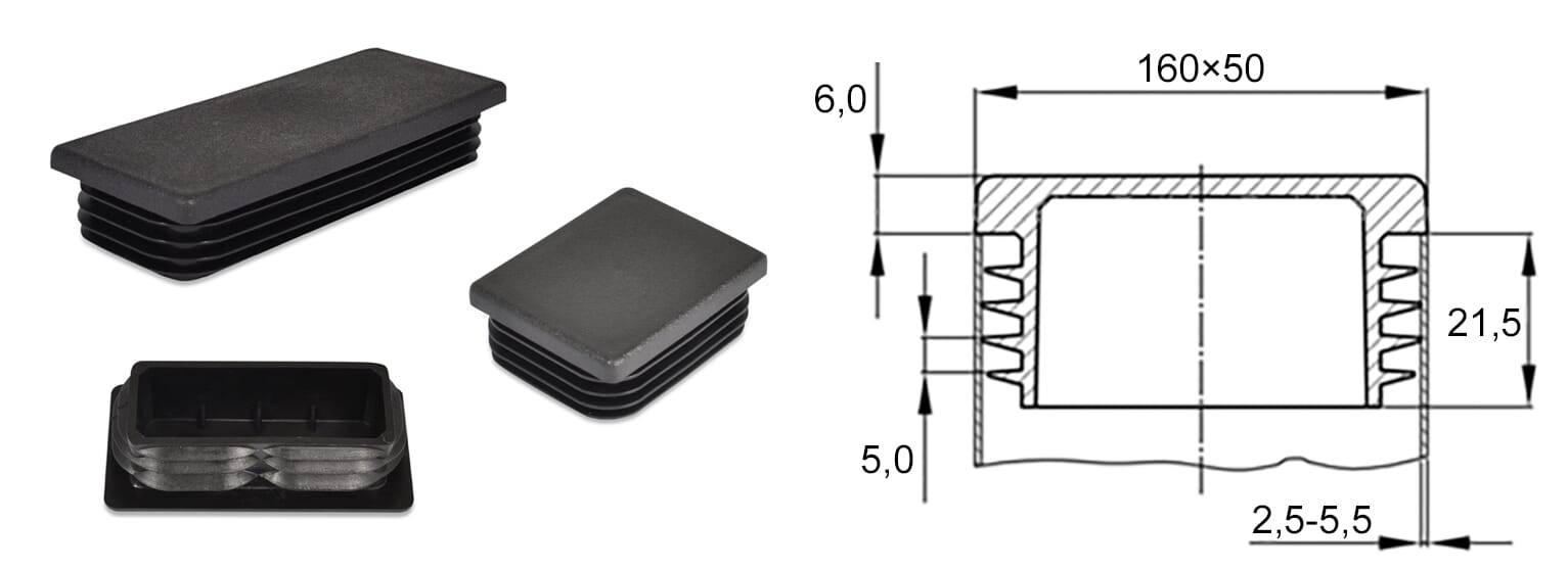 Gleiter rechteckig 160/50 x 2,5-5,5 - PE, schwarz - emico-2