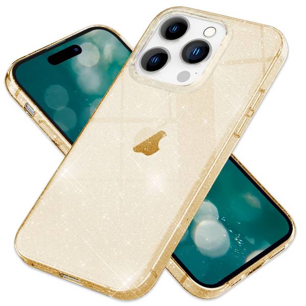 Glitzer Hülle für iPhone 15 Pro Bling Case Klar Silikon Handyhülle Schutz Tasche Gold