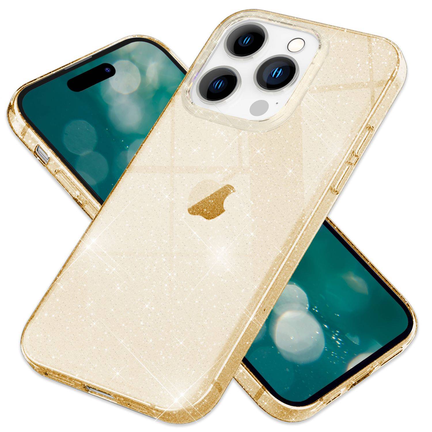 Glitzer Hülle für iPhone 15 Pro Bling Case Klar Silikon Handyhülle Schutz Tasche Gold-0