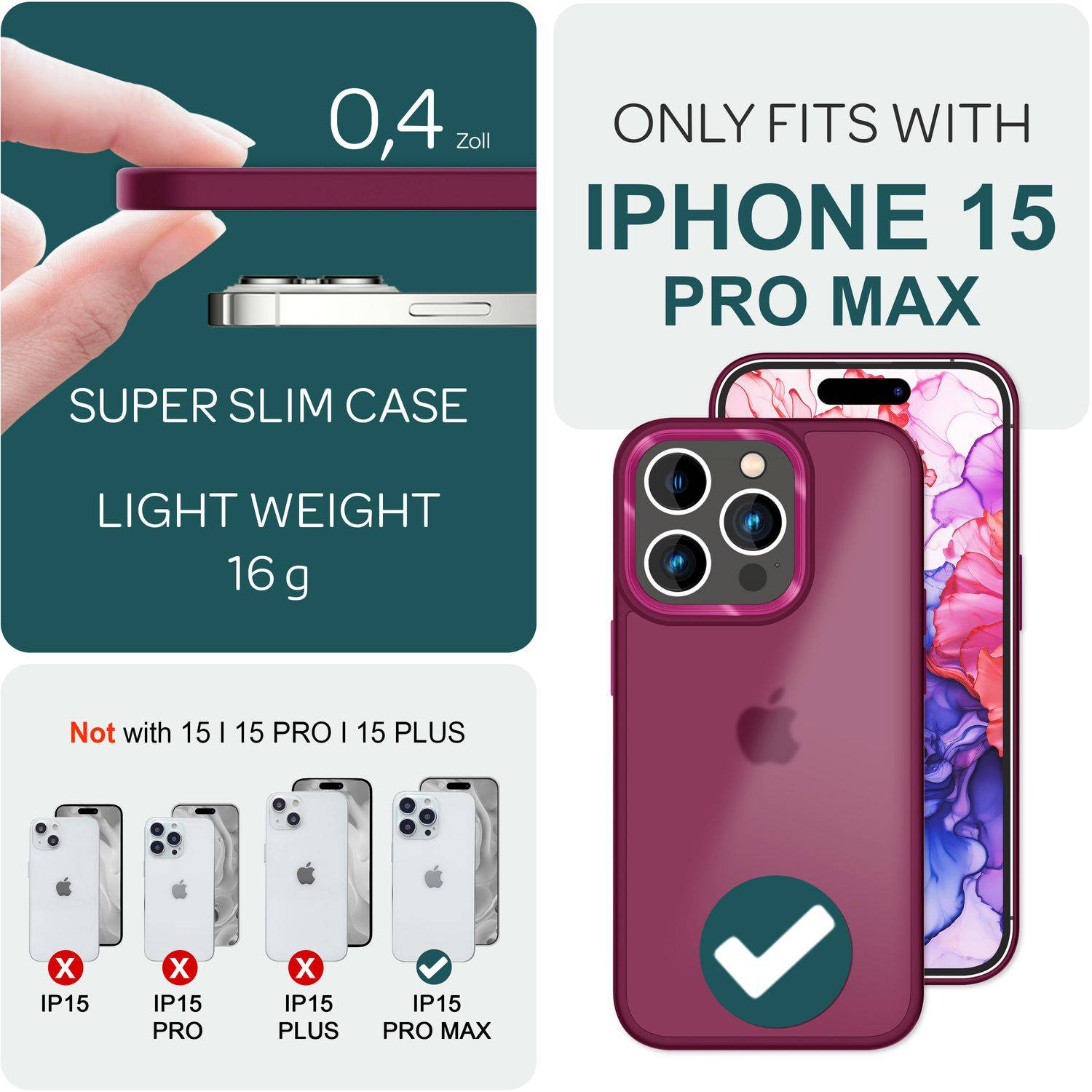 Hybrid Hülle für iPhone 15 Pro Max Frosted Case Schutz Rand Magnet Handyhülle Rot-3