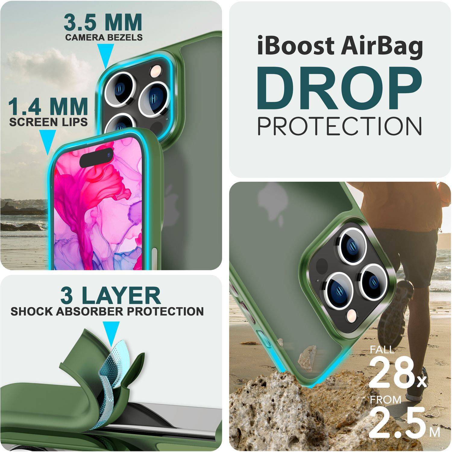 Hybrid Hülle für iPhone 15 Pro Frosted Case Schutz Rand Handy Tasche Handyhülle Dunkel-Grün-1