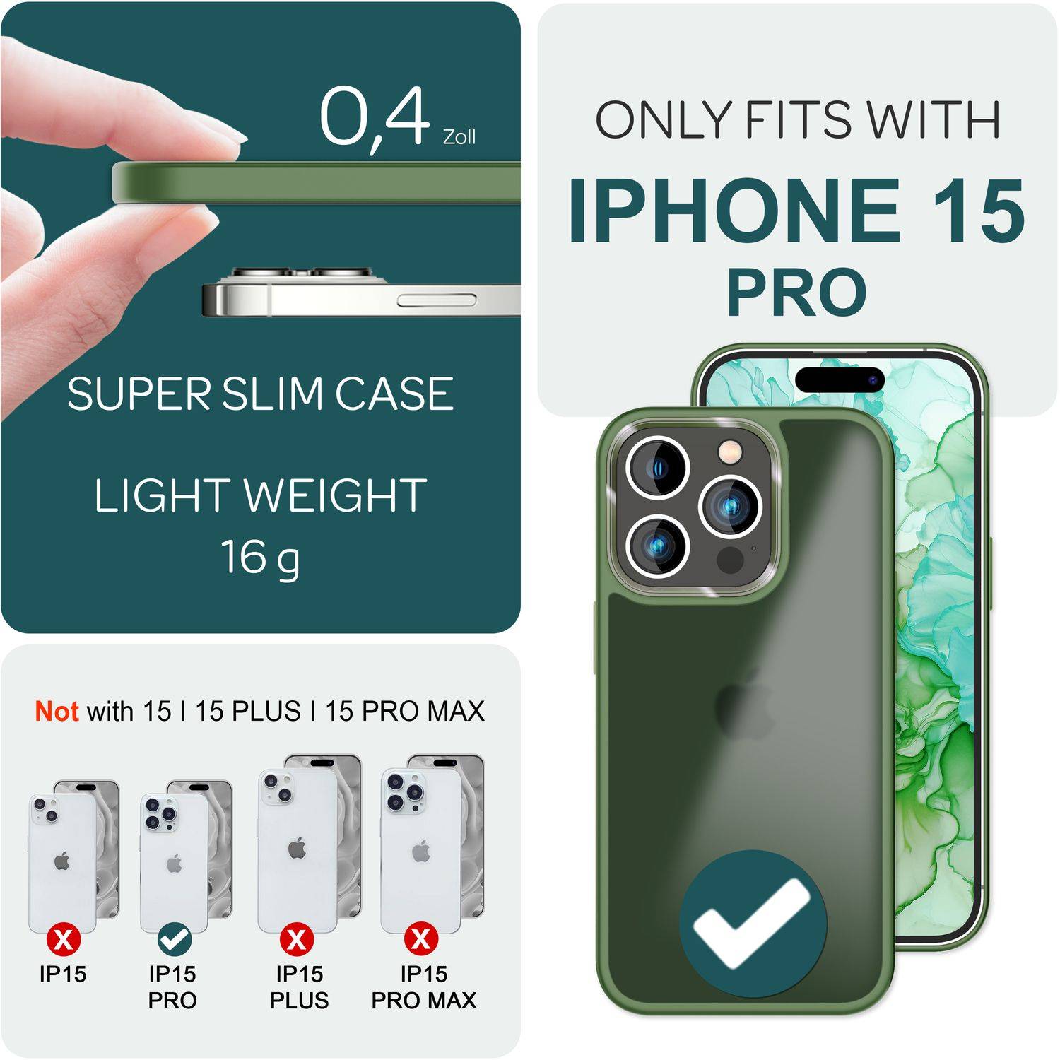 Hybrid Hülle für iPhone 15 Pro Frosted Case Schutz Rand Handy Tasche Handyhülle Dunkel-Grün-3