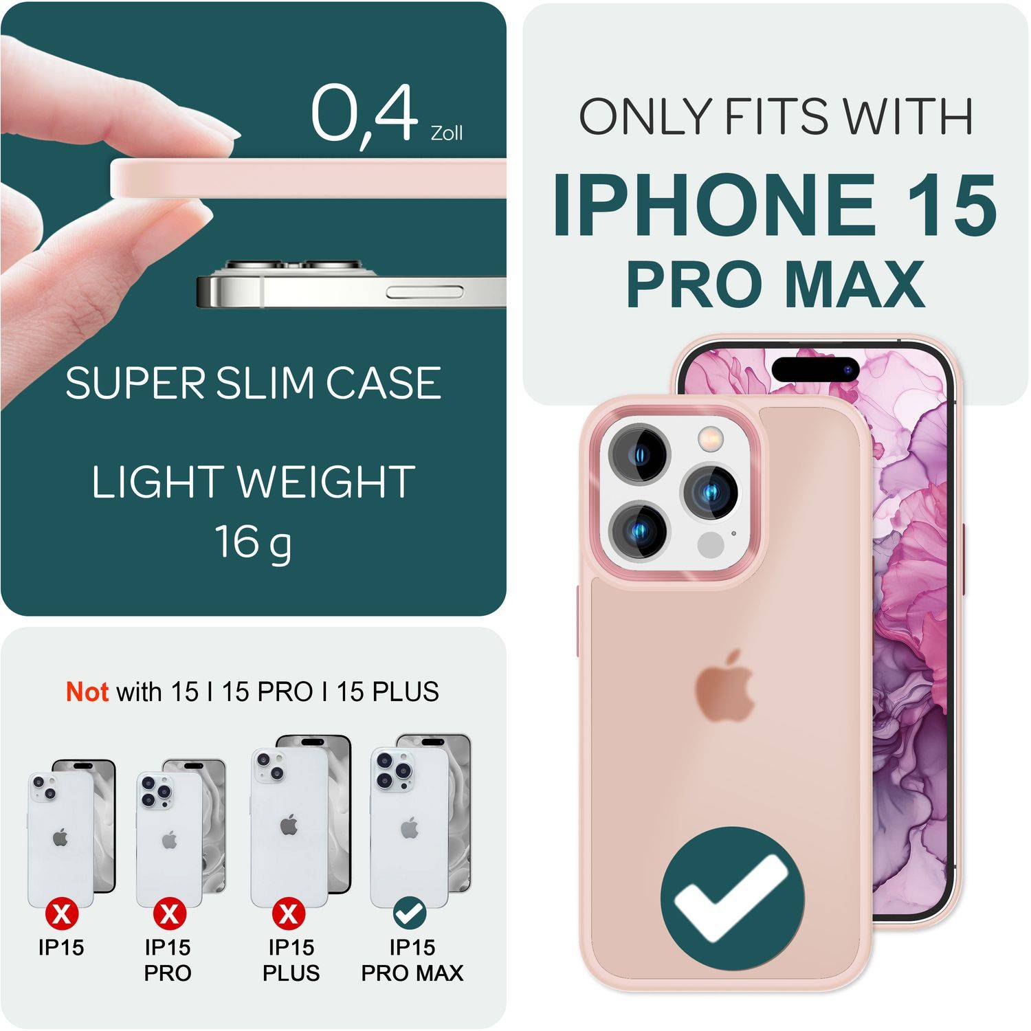 Hybrid Hülle für iPhone 15 Pro Max Frosted Case Schutz Rand Magnet Handyhülle Rosa-3