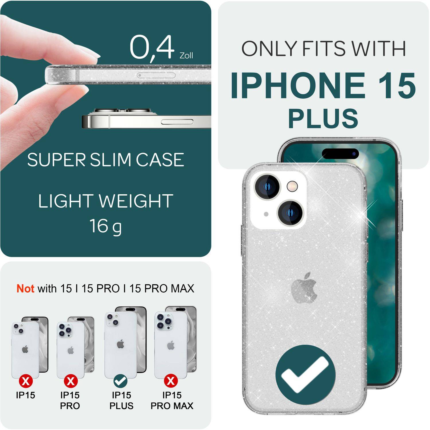 Glitzer Hülle für iPhone 15 Plus Bling Case Klar Silikon Handyhülle Tasche Cover Transparent-3