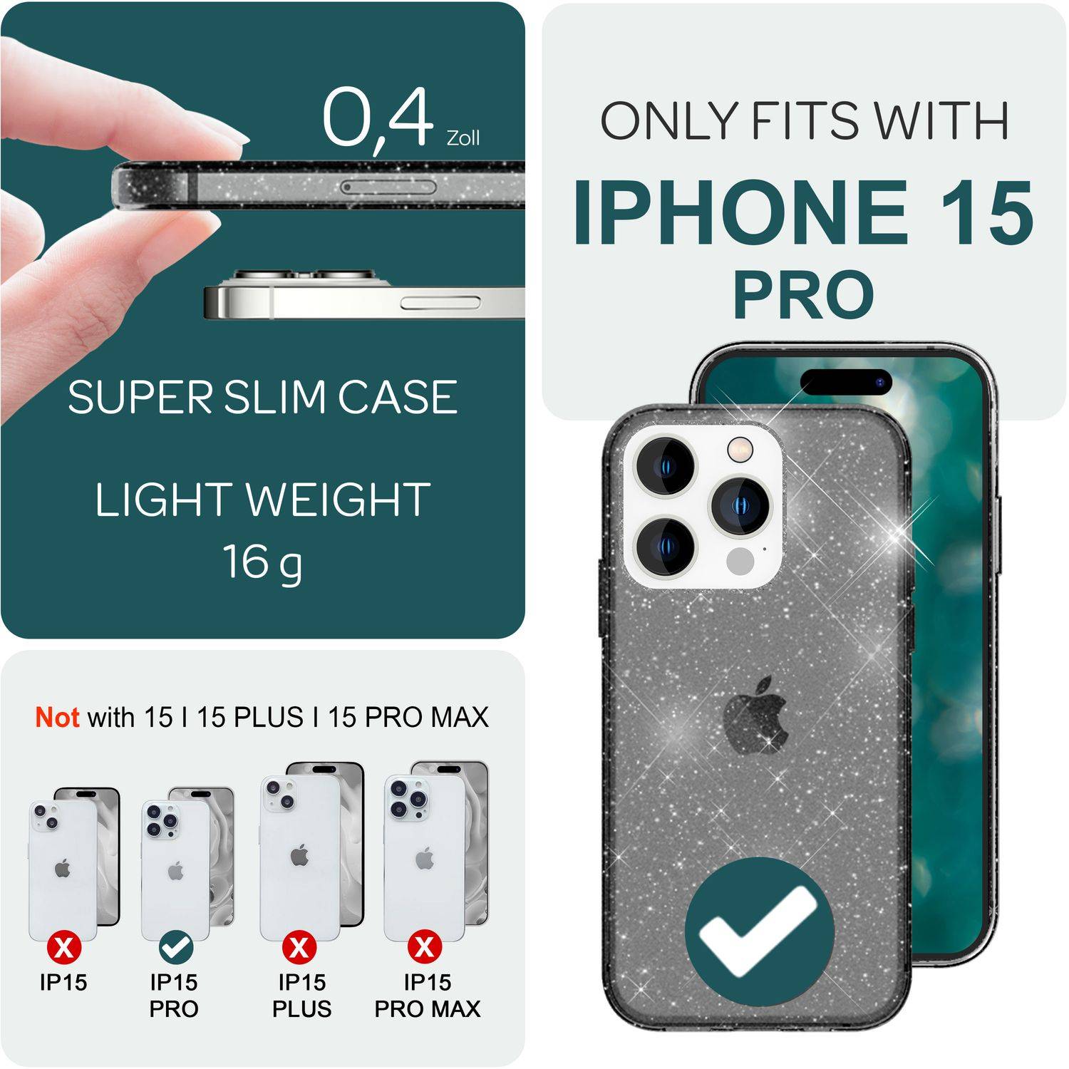 Glitzer Hülle für iPhone 15 Pro Bling Case Klar Silikon Handyhülle Schutz Tasche Schwarz-3