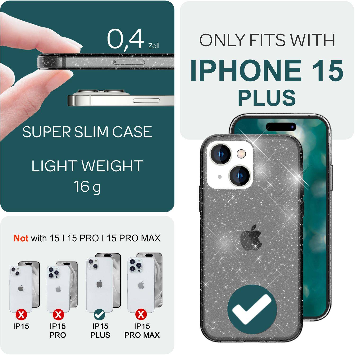 Glitzer Hülle für iPhone 15 Plus Bling Case Klar Silikon Handyhülle Tasche Cover Schwarz-3