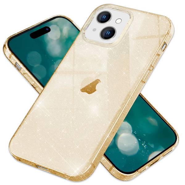 Glitzer Hülle für iPhone 15 Plus Bling Case Klar Silikon Handyhülle Tasche Cover Gold