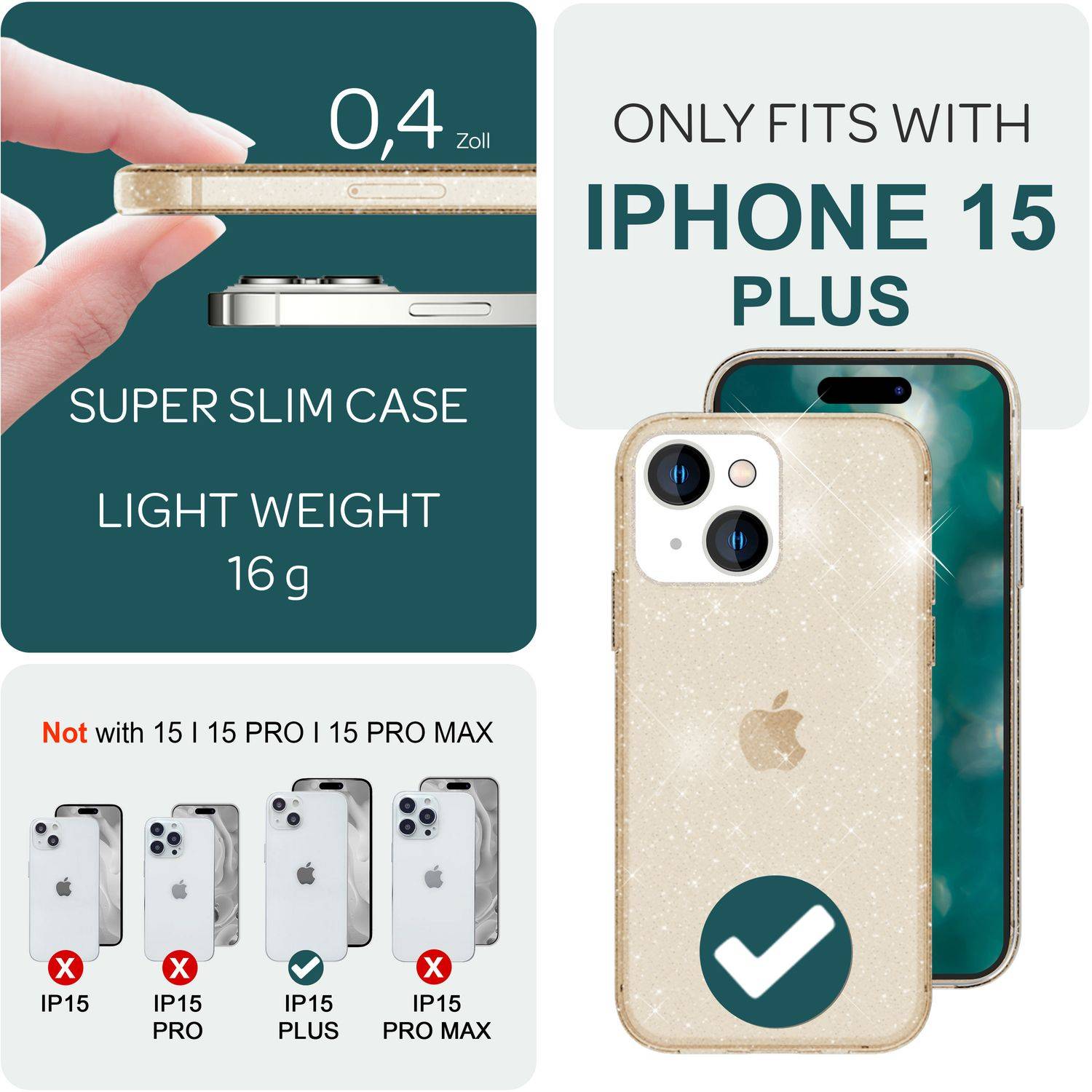 Glitzer Hülle für iPhone 15 Plus Bling Case Klar Silikon Handyhülle Tasche Cover Gold-3