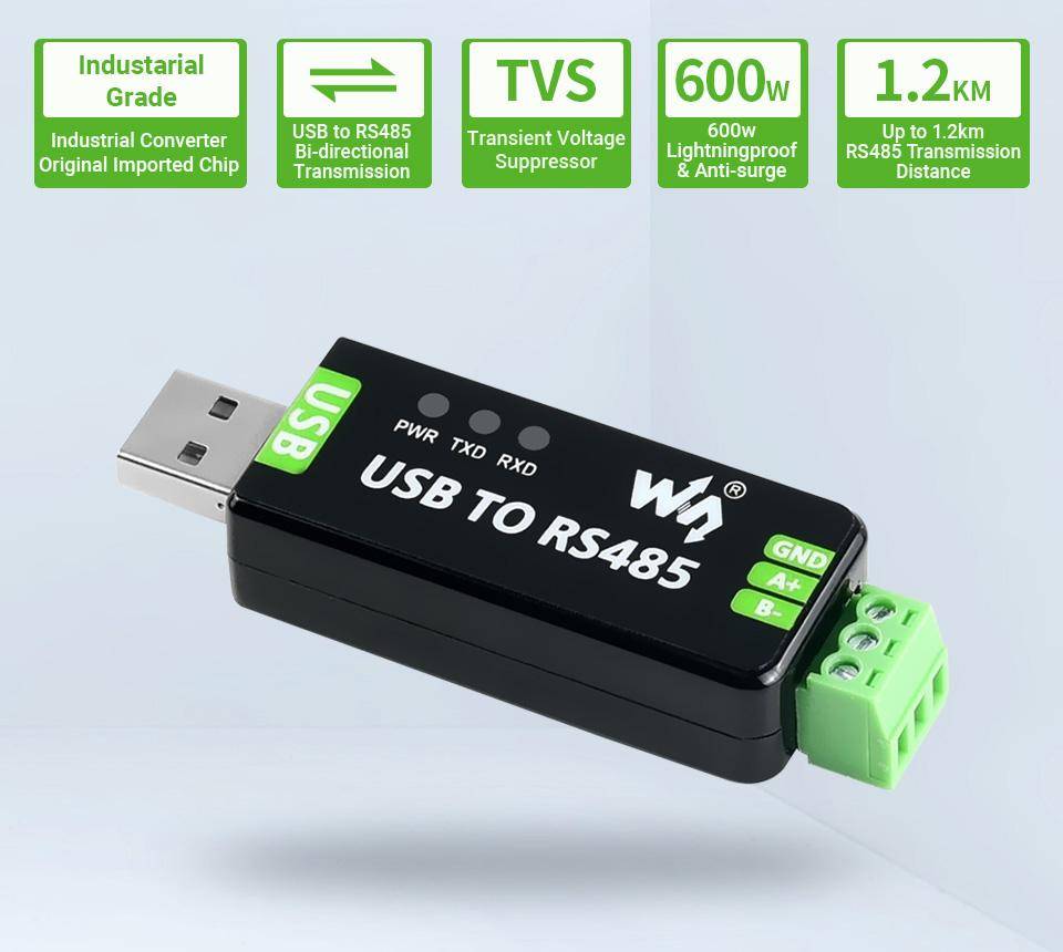 Waveshare Industrieller USB-RS485-Konverter, Blitzschutz, ESD-Sicher, bidirektional, FT232RL-4
