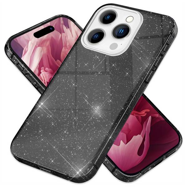 Glitzer Hülle für iPhone 15 Pro Max Hybrid Bling Case Silikon Handyhülle Tasche Schwarz