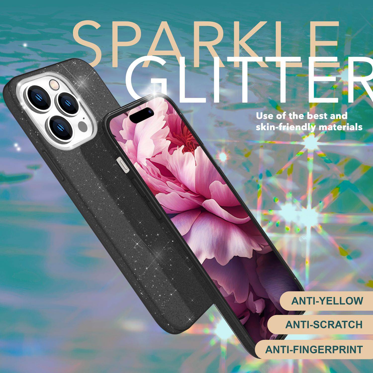 Glitzer Hülle für iPhone 15 Pro Max Hybrid Bling Case Silikon Handyhülle Tasche Schwarz-2