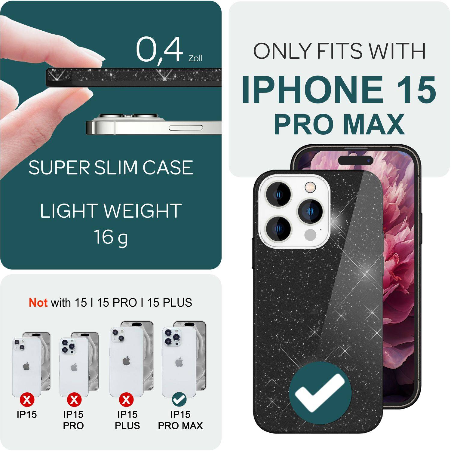 Glitzer Hülle für iPhone 15 Pro Max Hybrid Bling Case Silikon Handyhülle Tasche Schwarz-3
