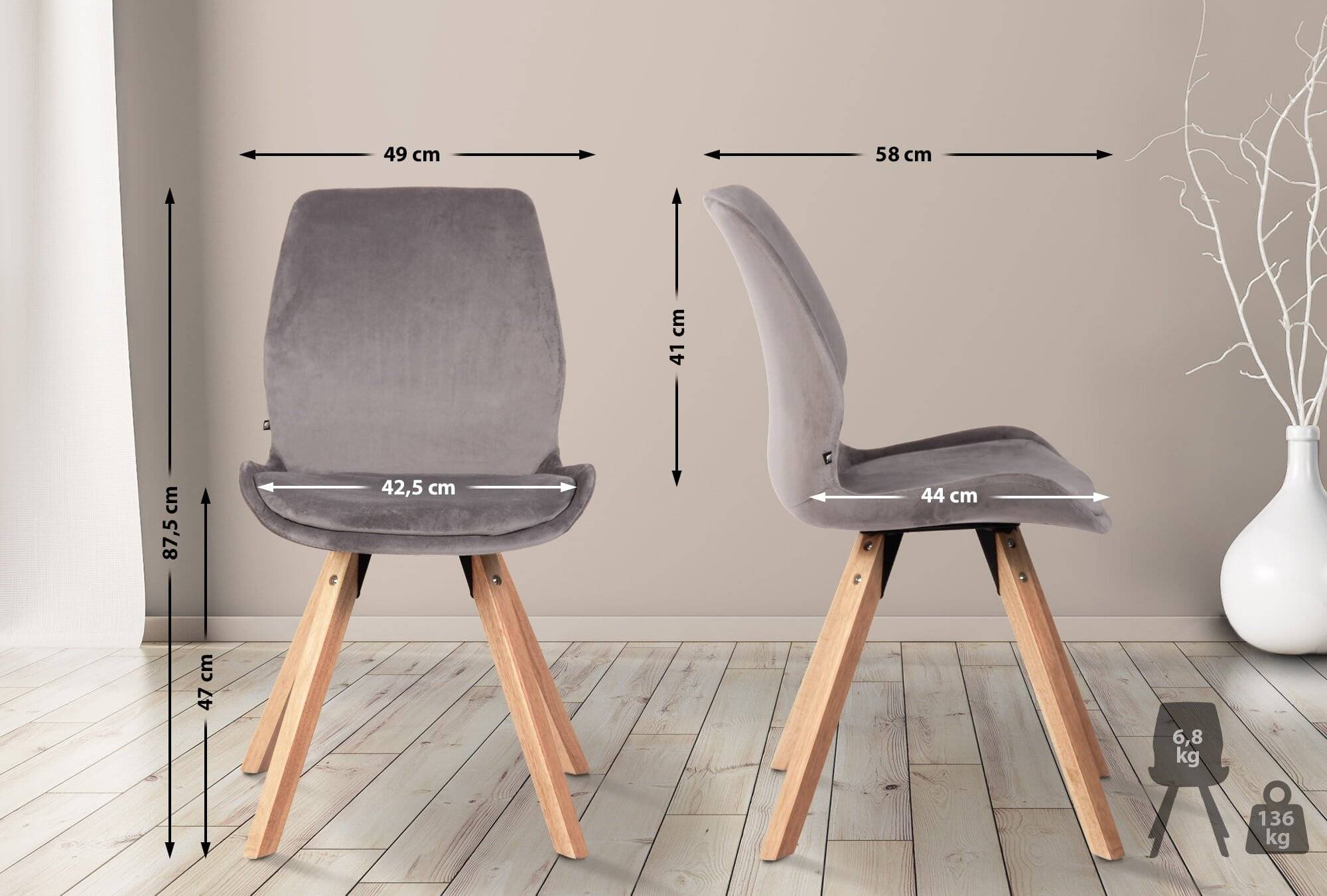 2er Set Stuhl Luna Samt grau-1