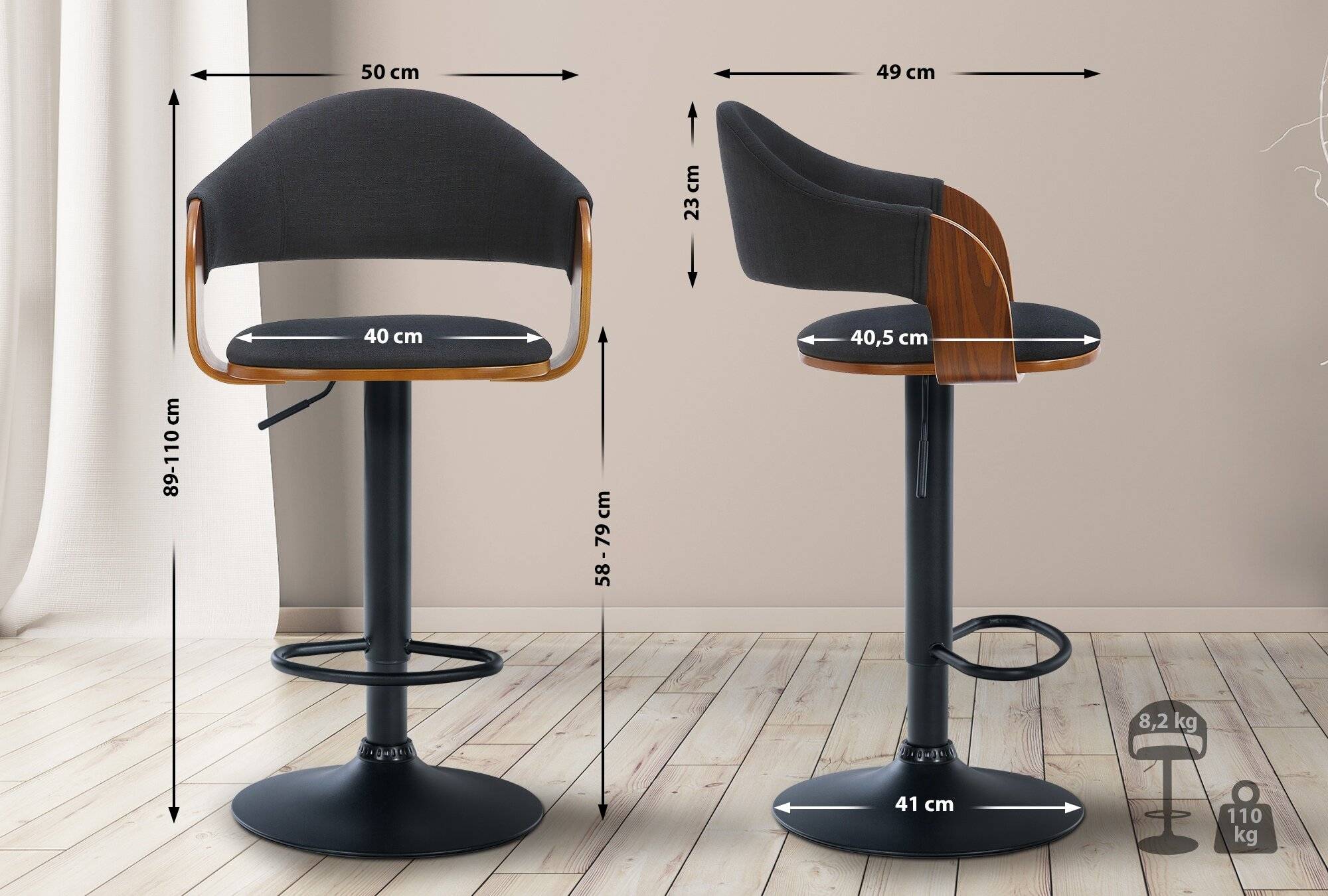 Barhocker Nilse Stoff schwarz walnuss/schwarz-1