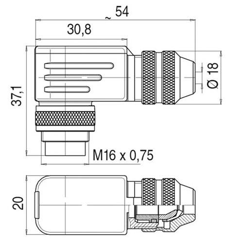 Binder 99 5105 75 03 Serie 423 | 3-poliger M16-Stecker | Stecker - gewinkelt - EMV-1