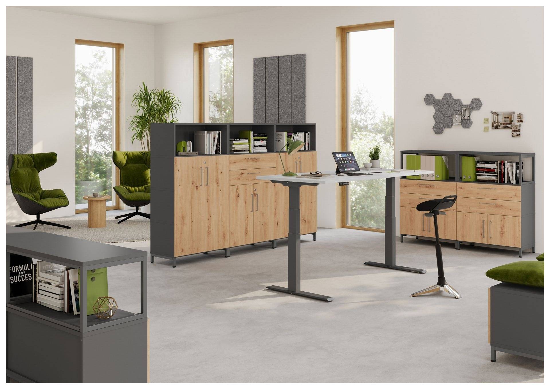 Hammerbacher Kombischrank Easyline, Stahlsockel, Schübe, 2 OH, 80x41,7x82,8cm, graphit/eiche-4