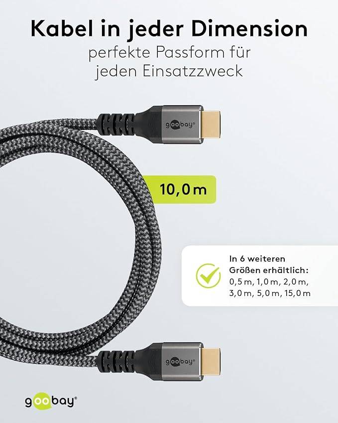 Goobay Plus 64997 Highspeed HDMI Kabel Ethernet UHD 4K @ 60Hz Monitorkabel 18 Gbits Textilkabel Shark Skin / Grau / 10m-4