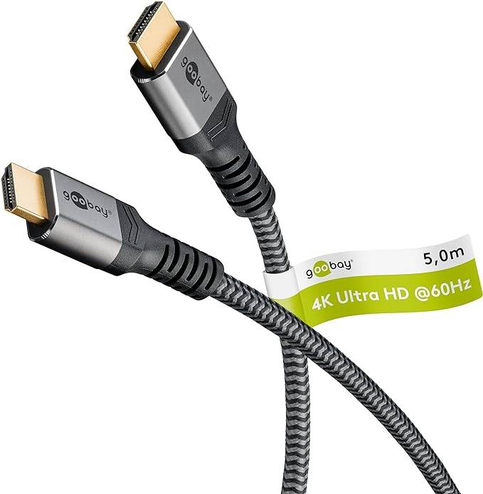 Goobay Plus 64996 Highspeed HDMI Kabel Ethernet UHD 4K @ 60Hz Monitorkabel 18 Gbits Textilkabel Shark Skin / Grau / 5m