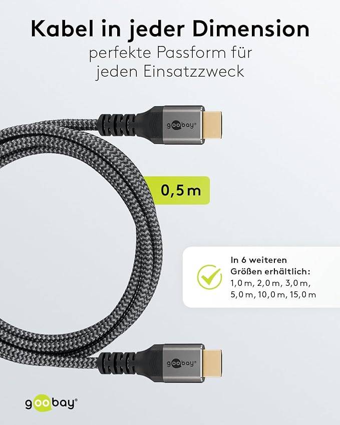 Goobay Plus 64992 Highspeed HDMI Kabel Ethernet UHD 4K @ 60Hz Monitorkabel 18 Gbits Textilkabel Shark Skin / Grau / 0,5m-4