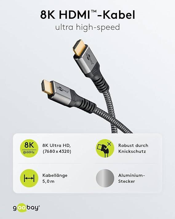 Goobay Plus 65263 Ultra Highspeed HDMI Kabel UHD 8K @ 60Hz Monitorkabel / 48 Gbits Textilkabel Shark Skin / Grau / 5m-1
