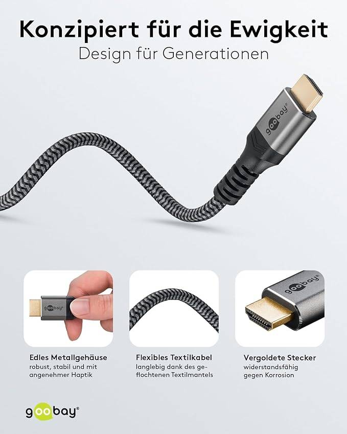 Goobay Plus 65263 Ultra Highspeed HDMI Kabel UHD 8K @ 60Hz Monitorkabel / 48 Gbits Textilkabel Shark Skin / Grau / 5m-3