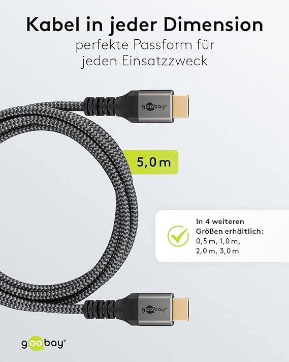 Goobay Plus 65263 Ultra Highspeed HDMI Kabel UHD 8K @ 60Hz Monitorkabel / 48 Gbits Textilkabel Shark Skin / Grau / 5m-4
