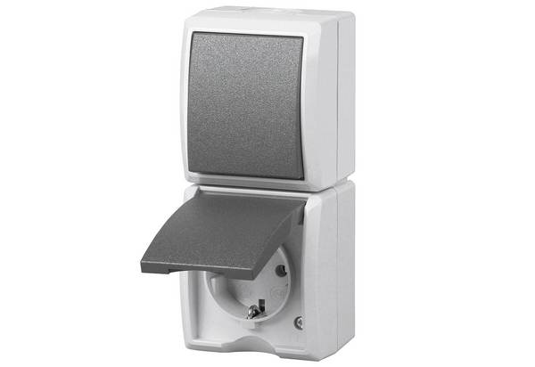 REV AquaForm, Steckdose - A/W Schalterkombi, IP44, einpolig, Aufputz, senkrecht,