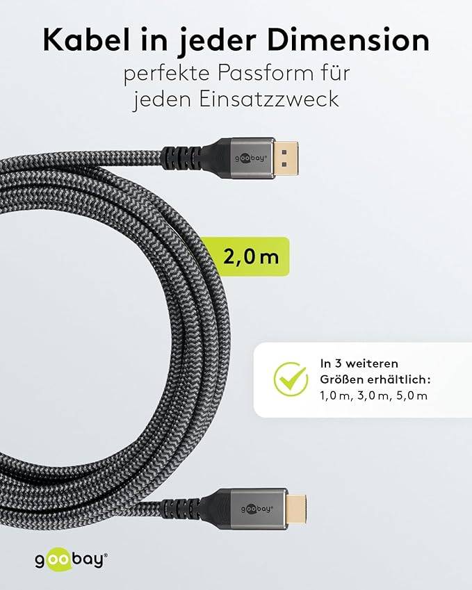 Goobay Plus 65269 DisplayPort auf HDMI Kabel Gaming Monitorkabel UHD 4K @ 60Hz Textilkabel Shark Skin 18 Gbit/s Grau 2m-4
