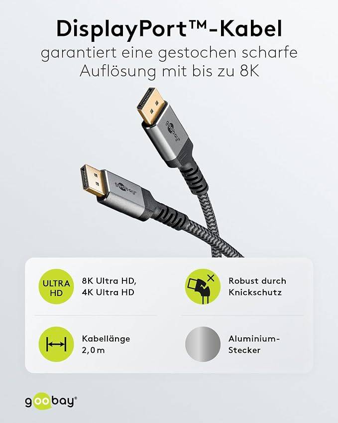 Goobay Plus 65265 DisplayPort Kabel 1.4 Gaming Monitorkabel UHD 8K @ 60Hz DP Textilkabel Shark Skin 32,4 Gbits Grau / 2m-1