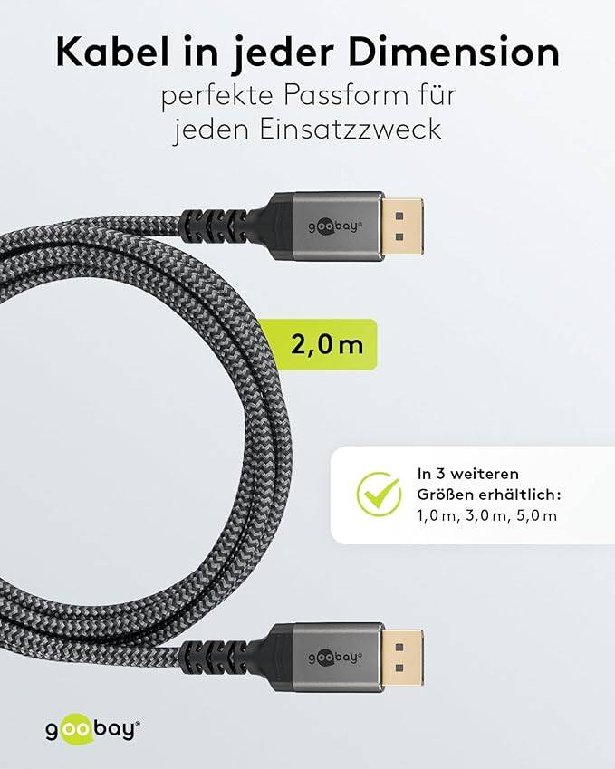Goobay Plus 65265 DisplayPort Kabel 1.4 Gaming Monitorkabel UHD 8K @ 60Hz DP Textilkabel Shark Skin 32,4 Gbits Grau / 2m-4