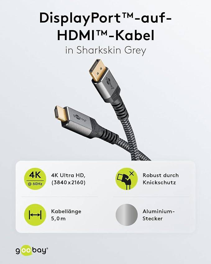 Goobay Plus 65271 DisplayPort auf HDMI Kabel Gaming Monitorkabel UHD 4K @ 60Hz Textilkabel Shark Skin 18 Gbit/s Grau 5m-1