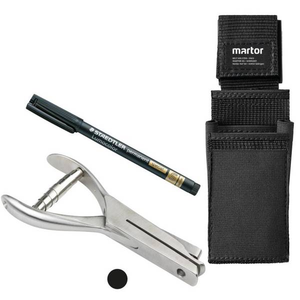 Vorteils-Set z. Prüfplakettenmarkierung, Lochzange, Faserschreiber, Gürteltasche