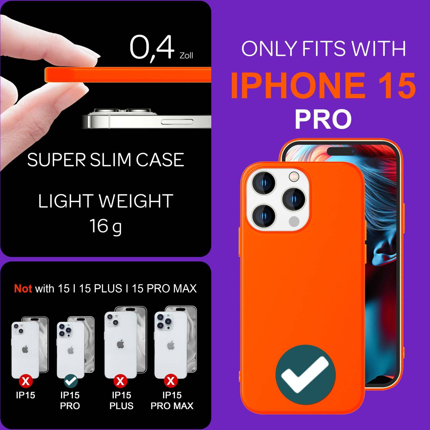 Hülle Neon für iPhone 15 Pro Silikon Schutzhülle Bunt Slim Case Handyhülle Cover Orange-3